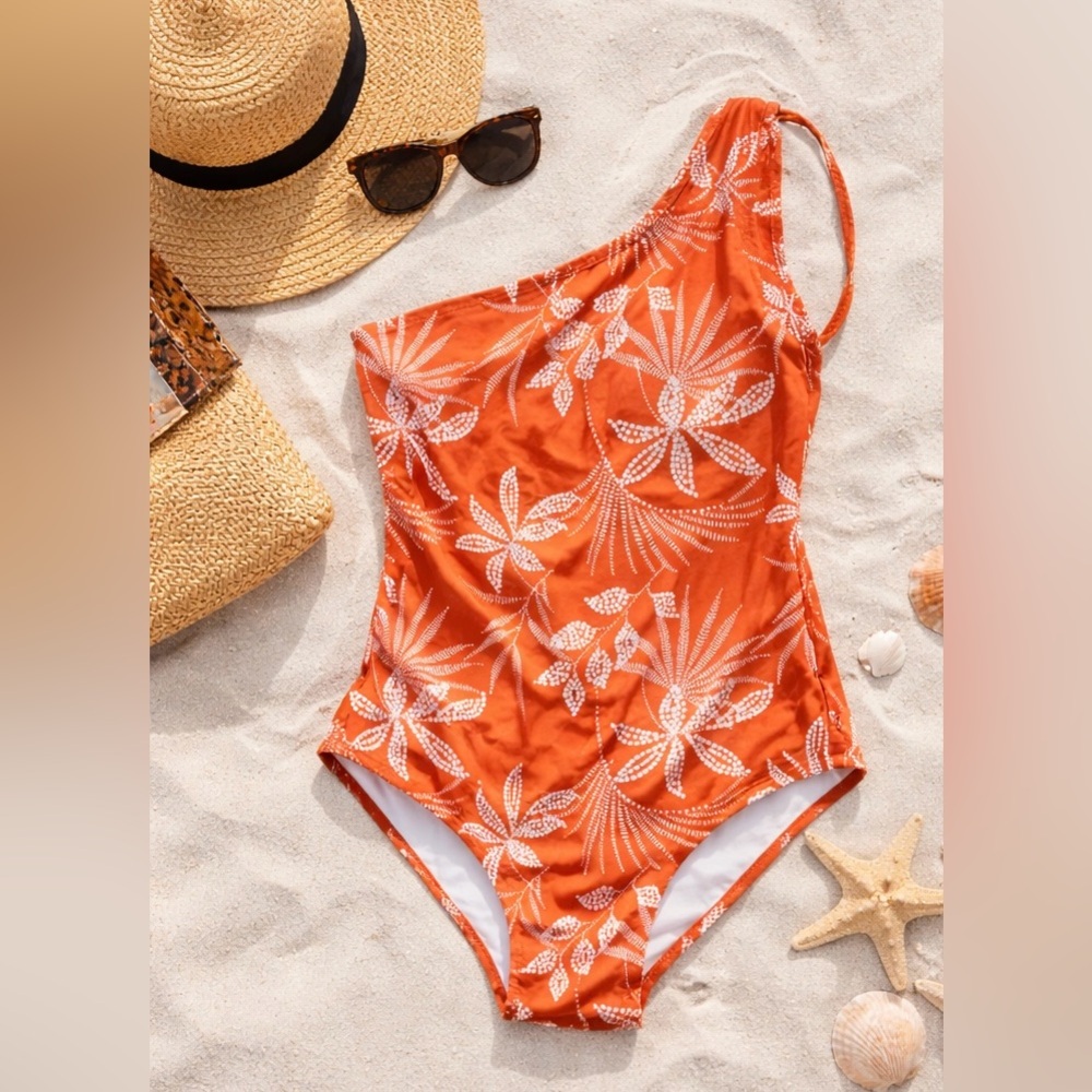 Orange Tropical Floral One Shoulder One Piece Swimsuit Resort Vacation Medium